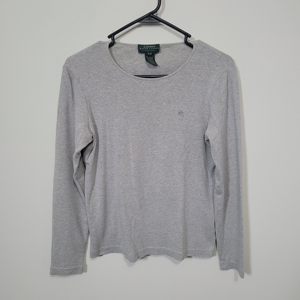 Lauren Ralph Lauren Size Petite P Top Womens Gray Long Sleeve Cotton Crew Neck